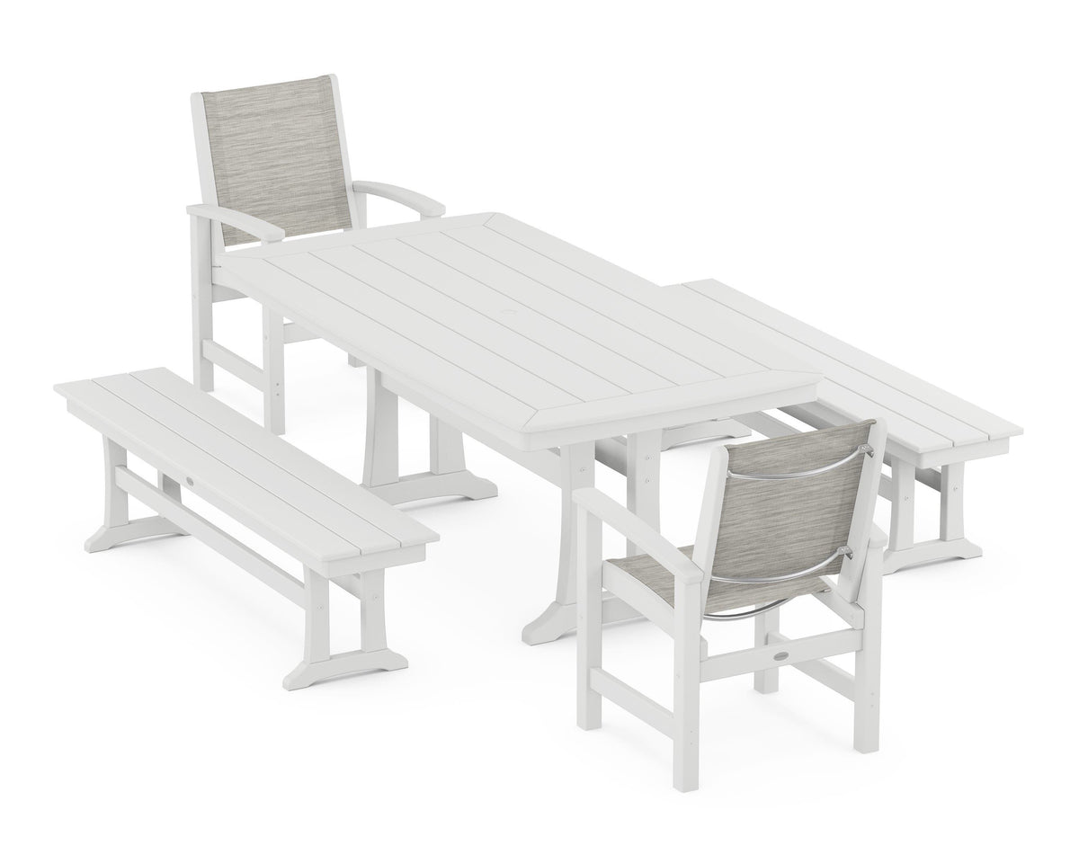 POLYWOOD Coastal 5-Piece Dining Set with Trestle Legs and Benches in White / Birch