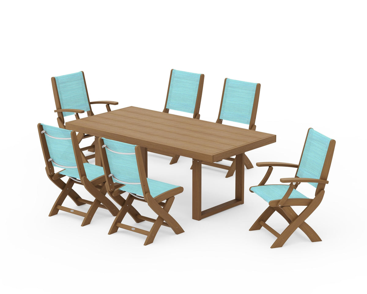 POLYWOOD Coastal Folding Chair 7-Piece Dining Set with Trestle Legs with EDGE 40" x 78" Dining Table in Natural / Dupioni Aquamarine