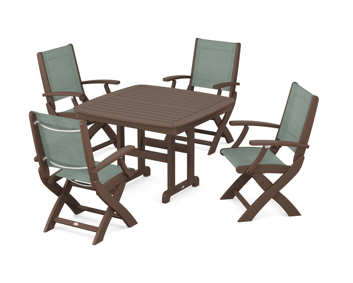 POLYWOOD Coastal Folding Chair 5-Piece Dining Set with Nautical 44" Dining Table in Mahogany / Dupioni Sea Mist