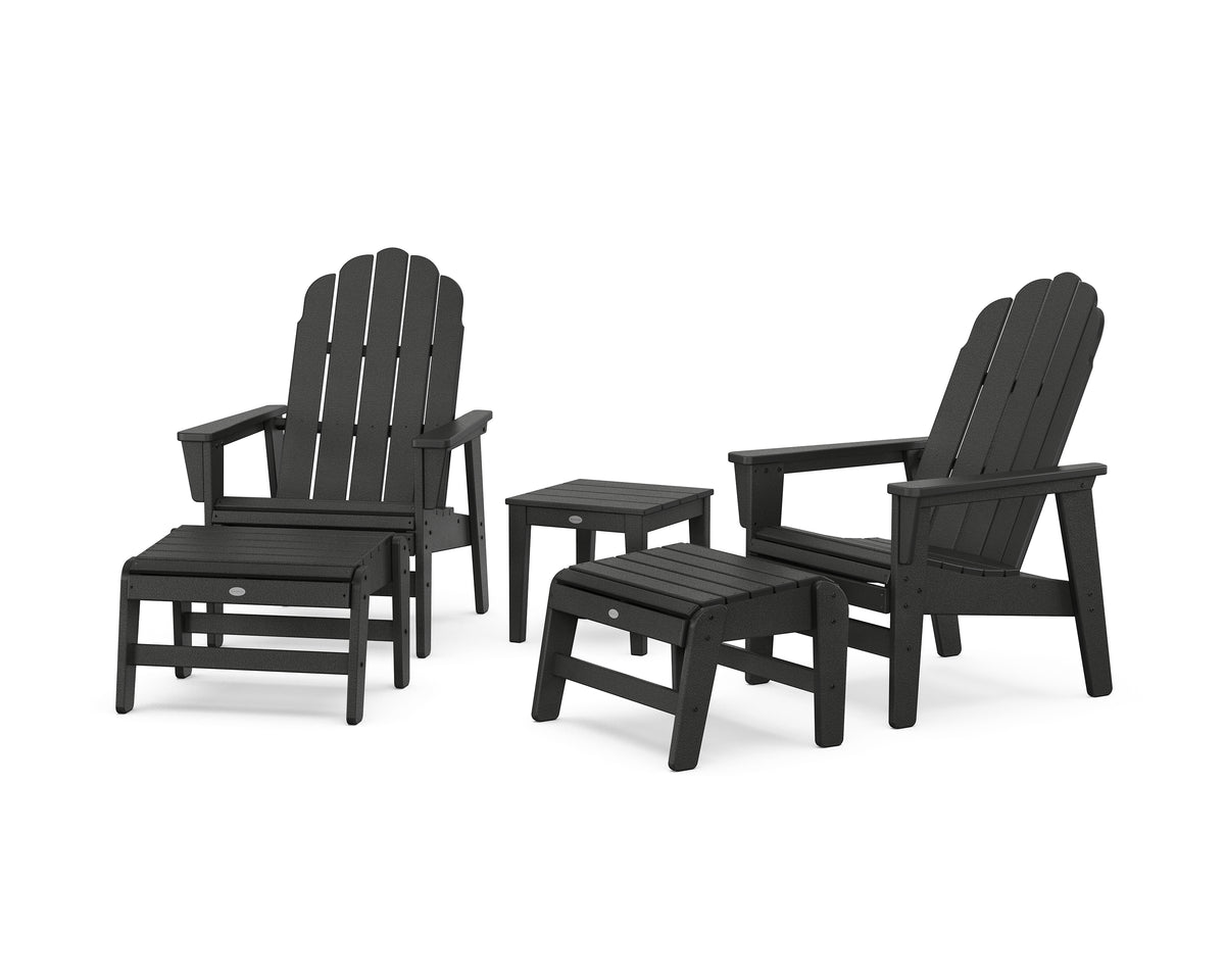 POLYWOOD 5-Piece Vineyard Grand Upright Adirondack Set with Ottomans and Side Table in Black