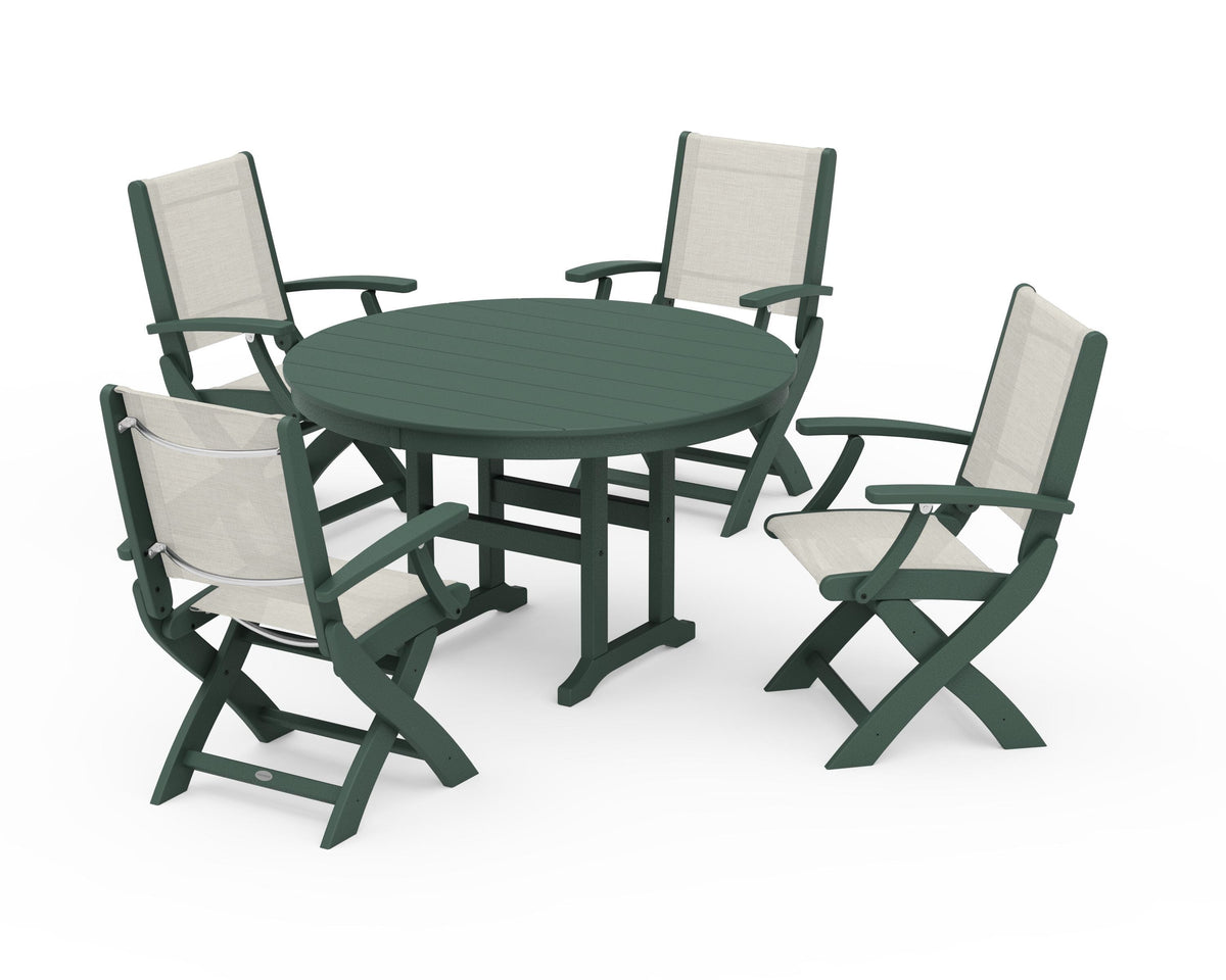 POLYWOOD Coastal Folding Chair 5-Piece Round Dining Set in Green / Parchment