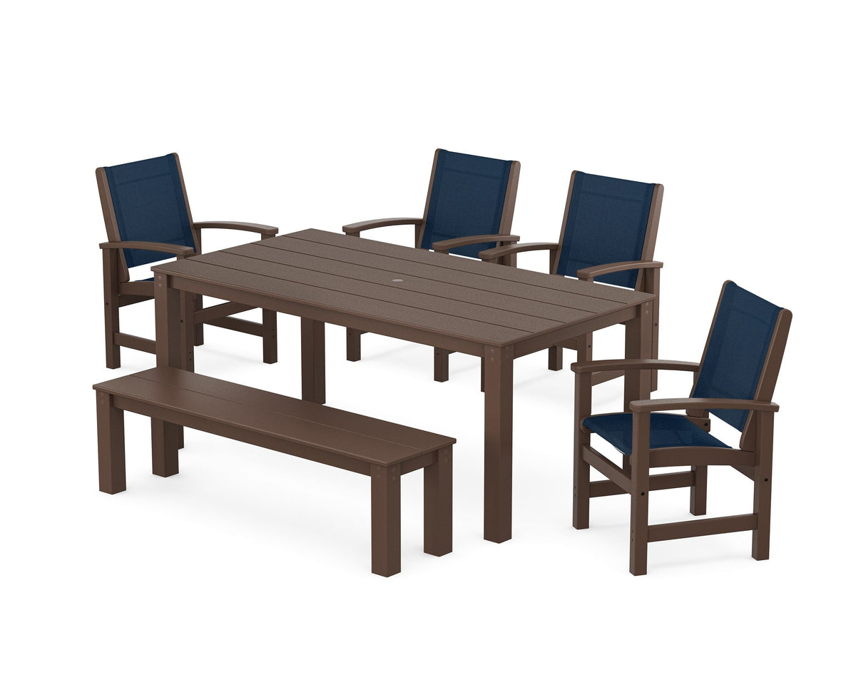 POLYWOOD Coastal 6-Piece Parsons Dining Set with Bench in Mahogany / Navy Blue