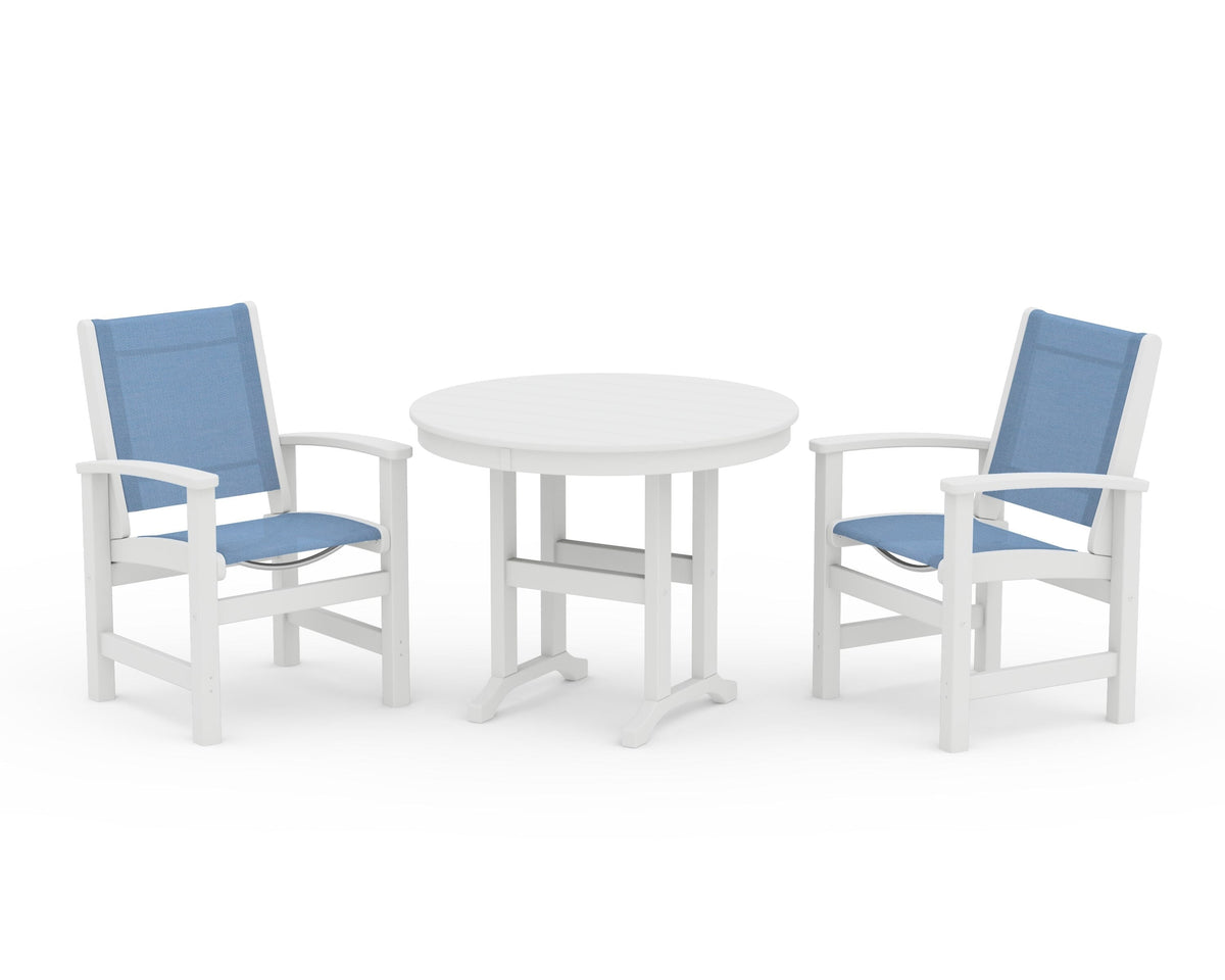 POLYWOOD Coastal 3-Piece Round Dining Set in White / Poolside