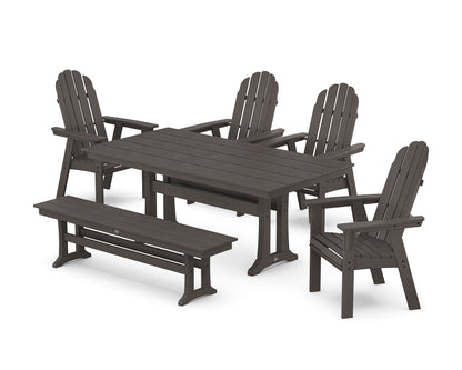 POLYWOOD Vineyard Curveback Adirondack Chair 6-Piece Farmhouse Dining Set with Trestle Legs and Bench in Vintage Coffee