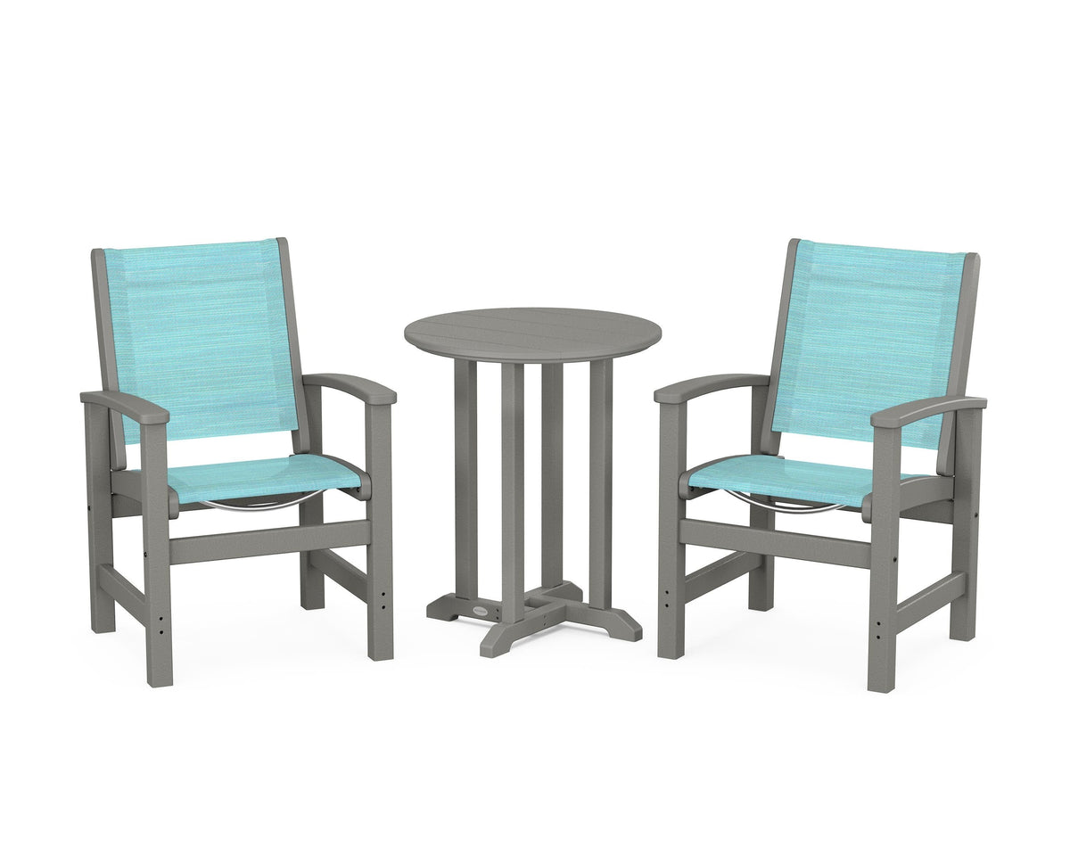 POLYWOOD Coastal 3-Piece Round Bistro Dining Set in Slate Grey / Dupioni Aquamarine