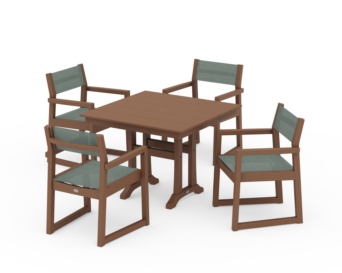 POLYWOOD EDGE Sling 5-Piece Farmhouse Dining Set with Trestle Legs in Teak / Dupioni Sea Mist