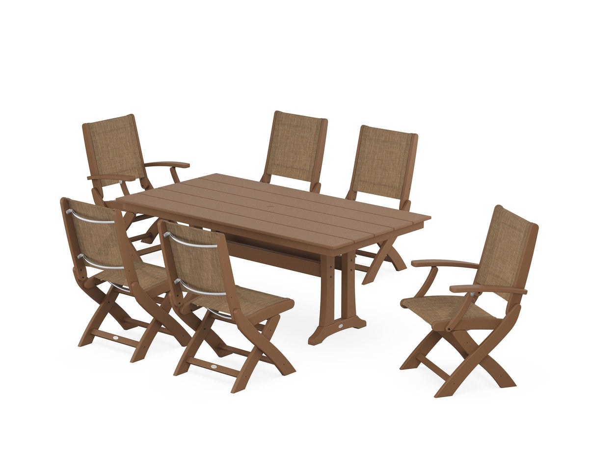 POLYWOOD Coastal Folding Chair 7-Piece Farmhouse Dining Set with Trestle Legs in Teak / Burlap