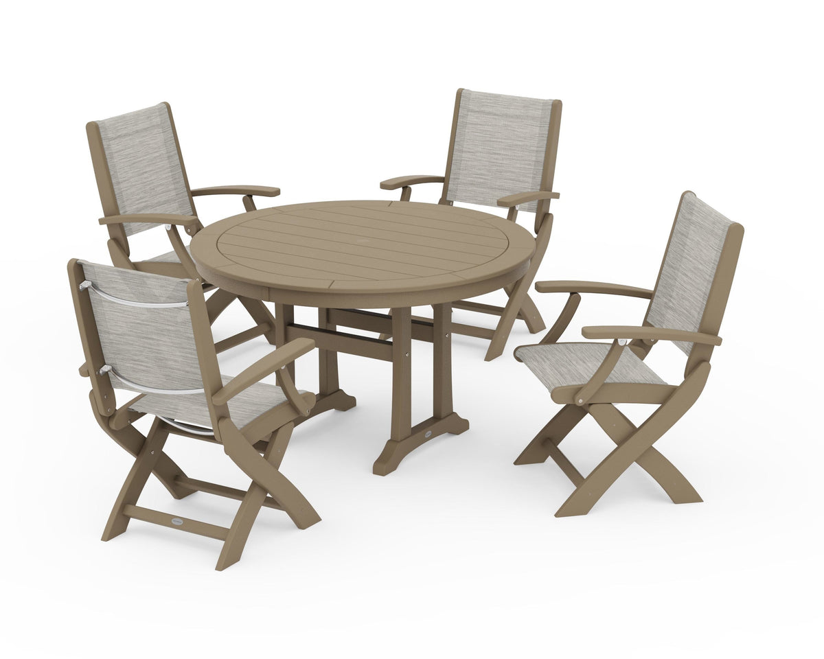 POLYWOOD Coastal Folding Chair 5-Piece Round Dining Set with Trestle Legs in Vintage Sahara / Birch