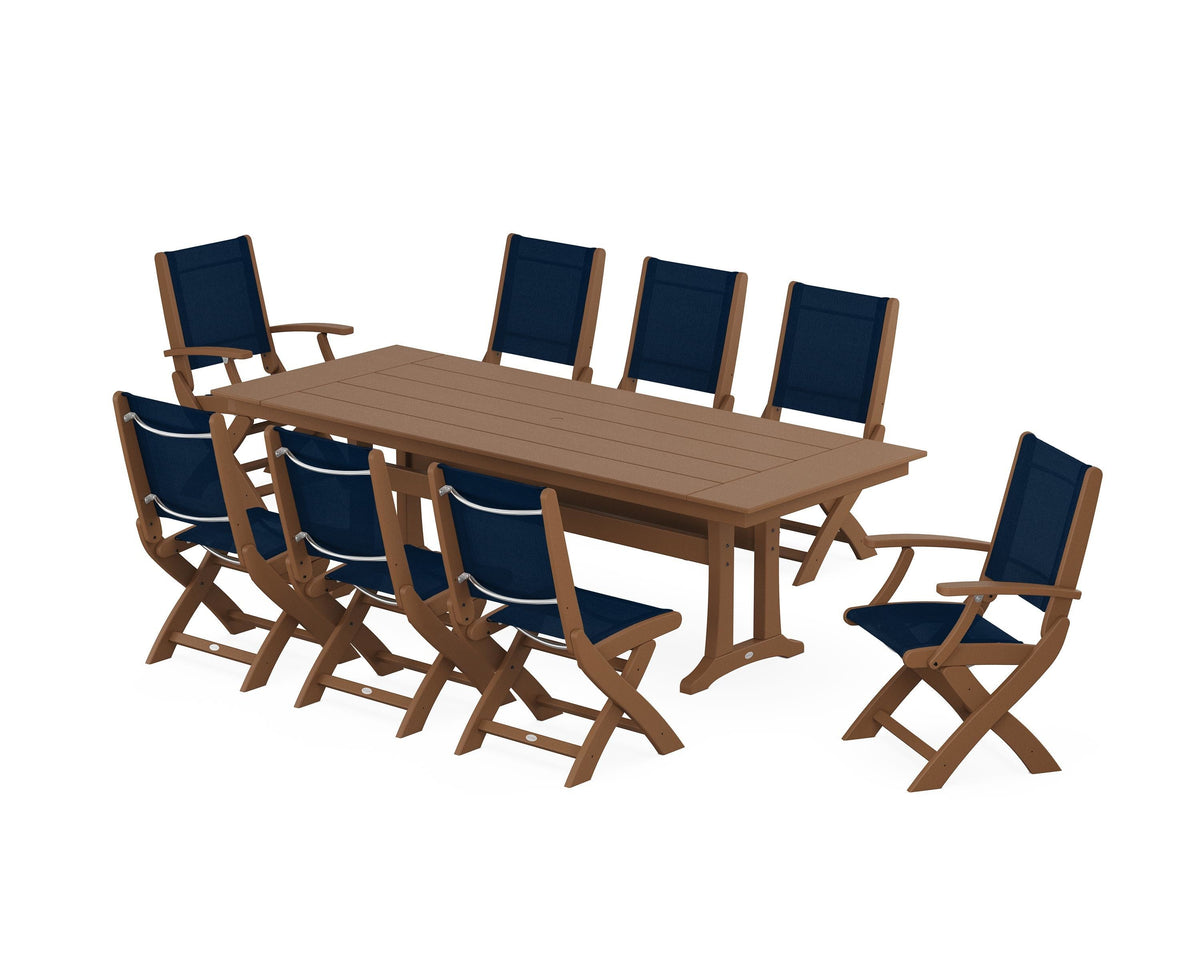 POLYWOOD Coastal 9-Piece Folding Dining Chair Farmhouse Dining Set with Trestle Legs in Teak / Navy Blue