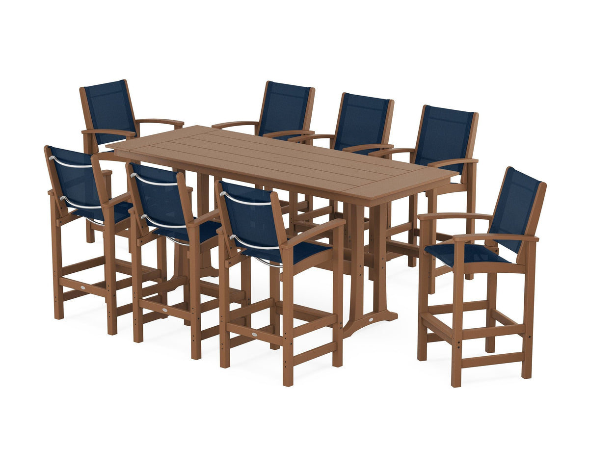 POLYWOOD Coastal 9-Piece Farmhouse Bar Set with Trestle Legs in Teak / Navy Blue