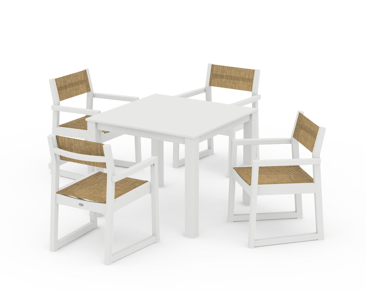POLYWOOD EDGE Sling Arm Chair 5-Piece Parsons Dining Set in Vintage White / Burlap