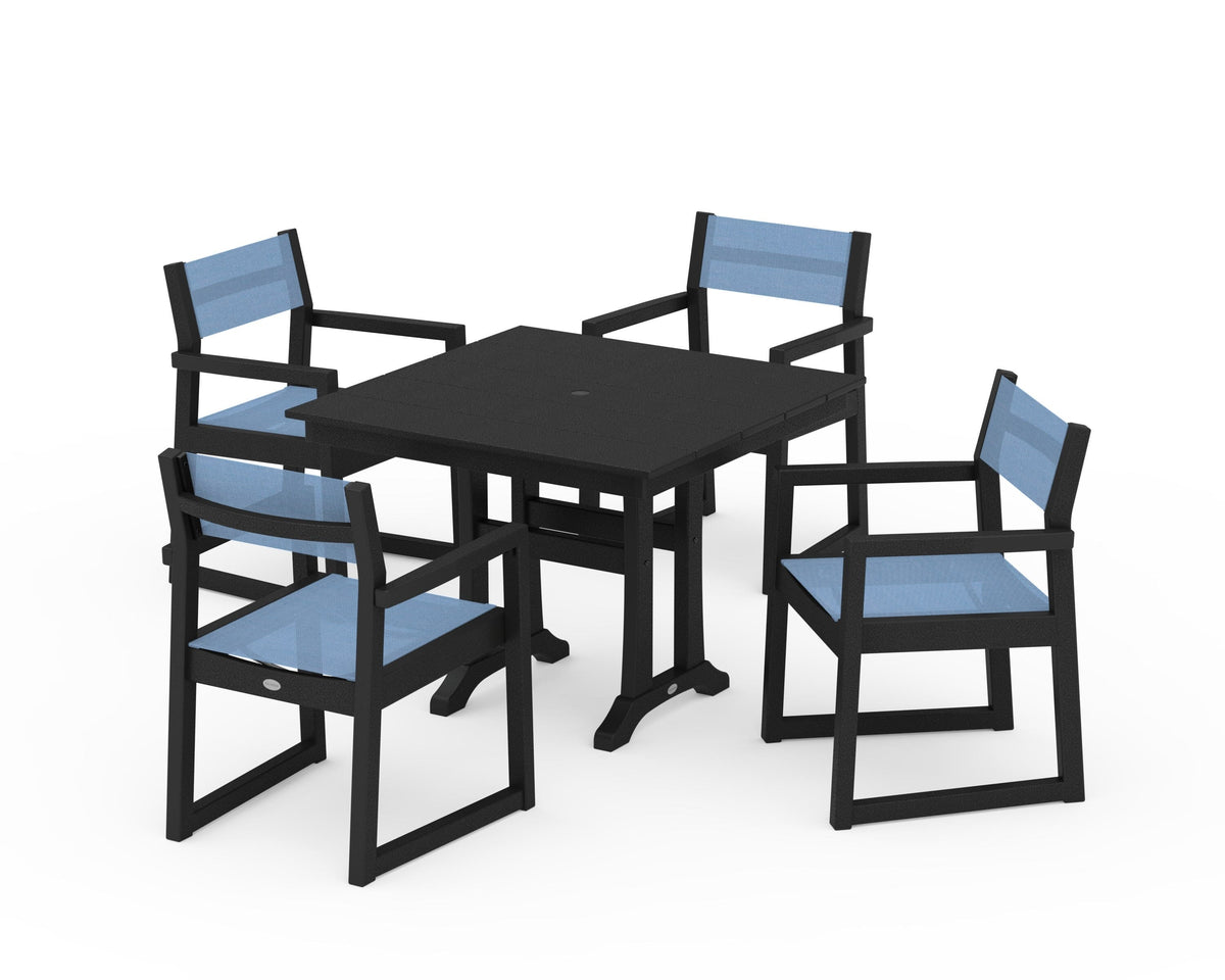 POLYWOOD EDGE Sling 5-Piece Farmhouse Dining Set with Trestle Legs in Black / Poolside