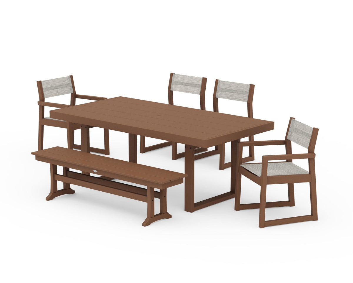 POLYWOOD EDGE Sling 6-Piece Dining Set with Bench in Teak / Birch