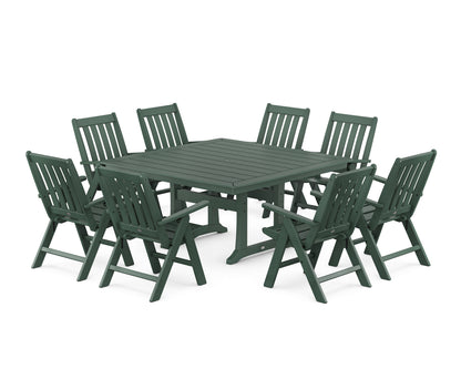 POLYWOOD Vineyard Folding Chair 9-Piece Square Dining Set with Trestle Legs in Green