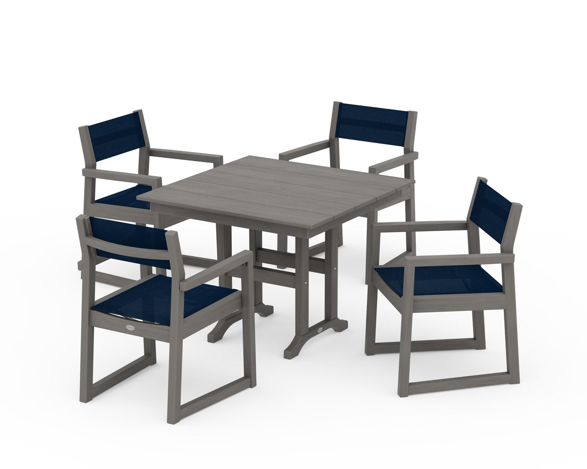 POLYWOOD EDGE Sling Arm Chair 5-Piece Farmhouse Dining Set in Driftwood / Navy Blue