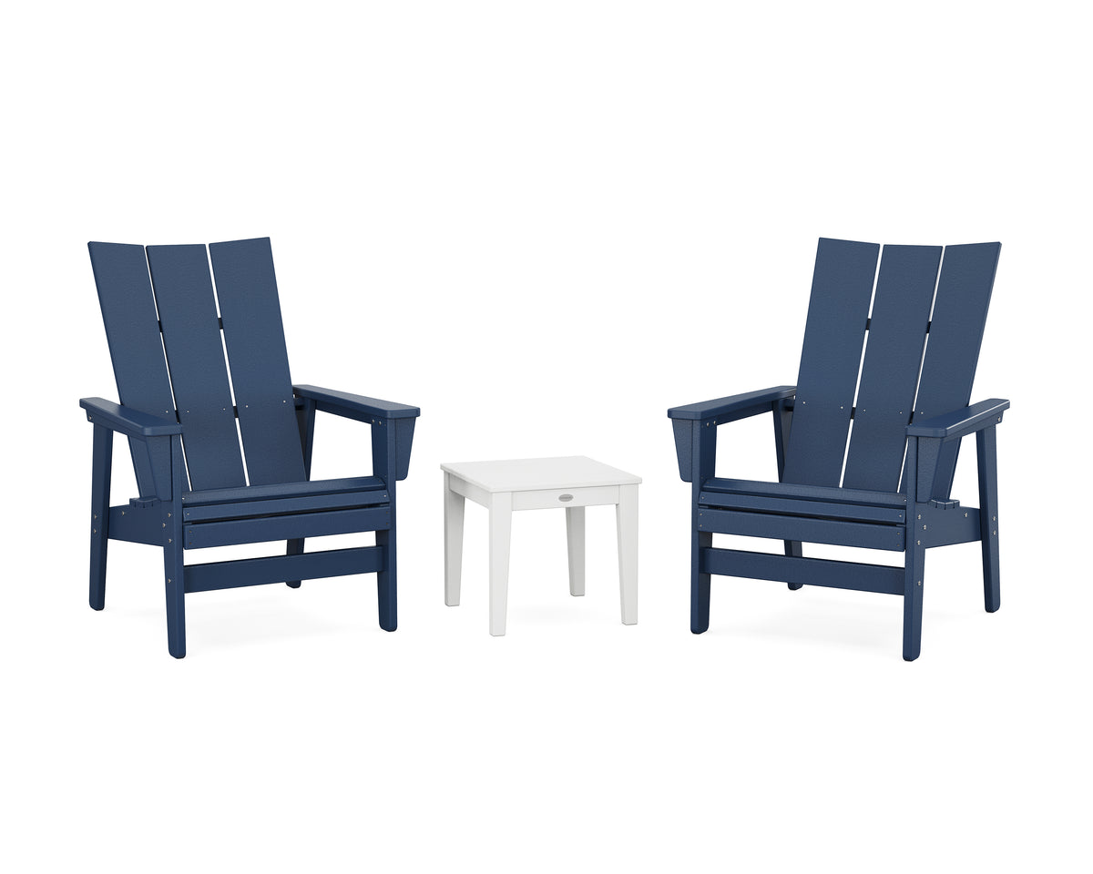 POLYWOOD 3-Piece Modern Grand Upright Adirondack Set in Navy / White