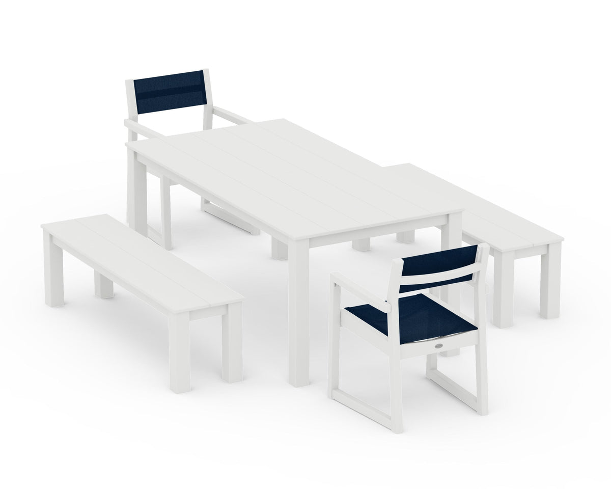 POLYWOOD EDGE Sling Arm Chair 5-Piece Parsons Dining Set with Benches in Vintage White / Navy Blue