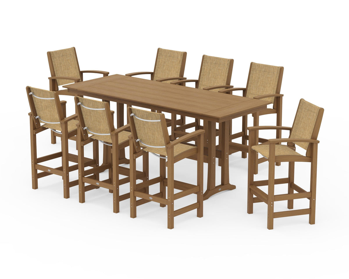 POLYWOOD Coastal 9-Piece Farmhouse Bar Set with Trestle Legs in Natural / Burlap