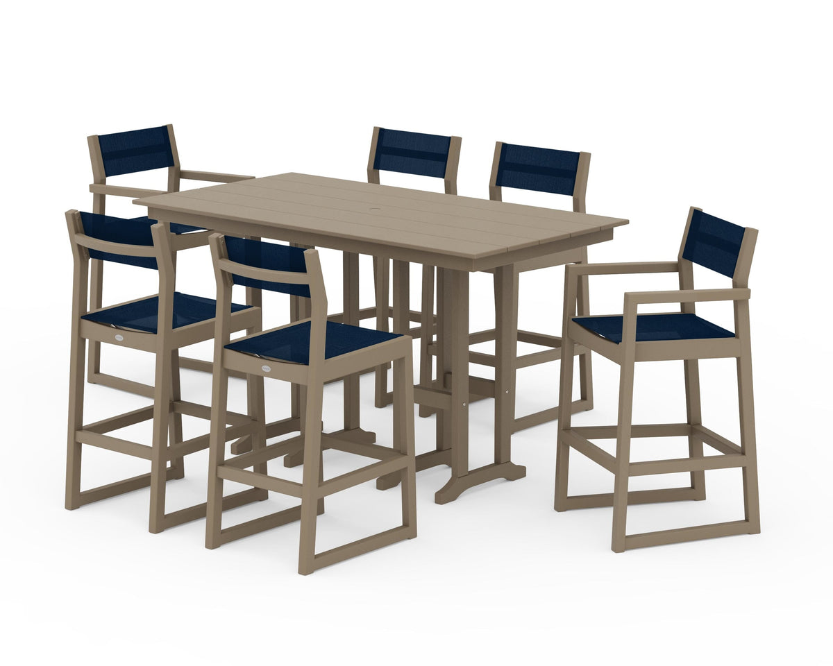 POLYWOOD EDGE Sling 7-Piece Farmhouse Bar Set in Vintage Sahara / Navy Blue