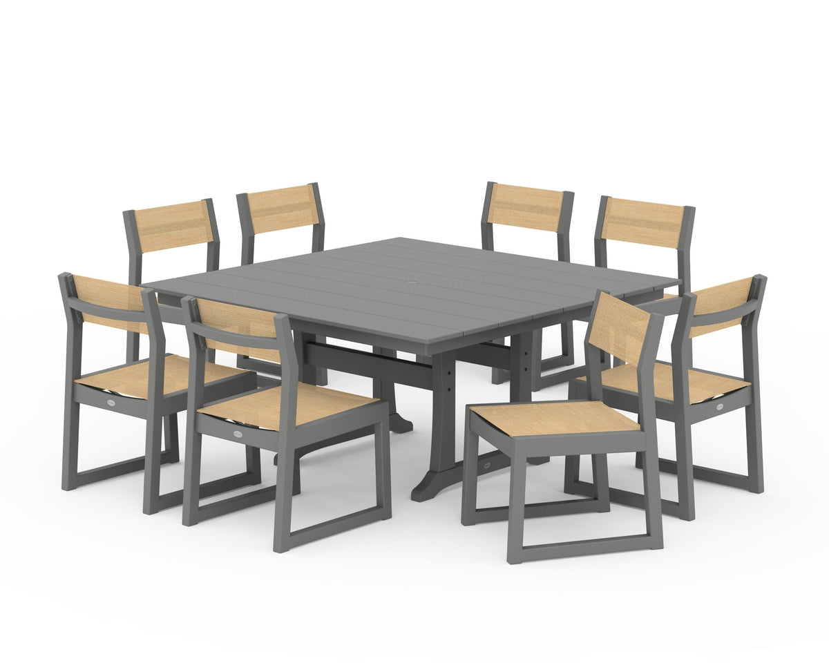 POLYWOOD EDGE Sling Side Chair 9-Piece Farmhouse Trestle Dining Set in Slate Grey / Dupioni Apricot