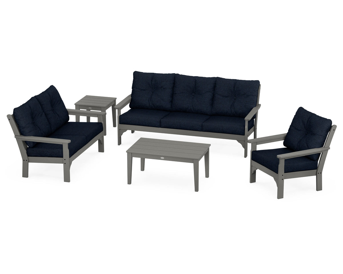 POLYWOOD Vineyard 5-Piece Deep Seating Set with Sofa in Slate Grey / Marine Indigo