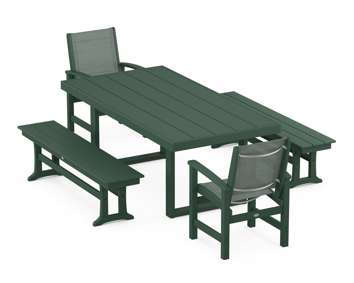 POLYWOOD Coastal 5-Piece Dining Set with Trestle Legs with EDGE 40" x 78" Dining Table in Green / Dupioni Sea Mist