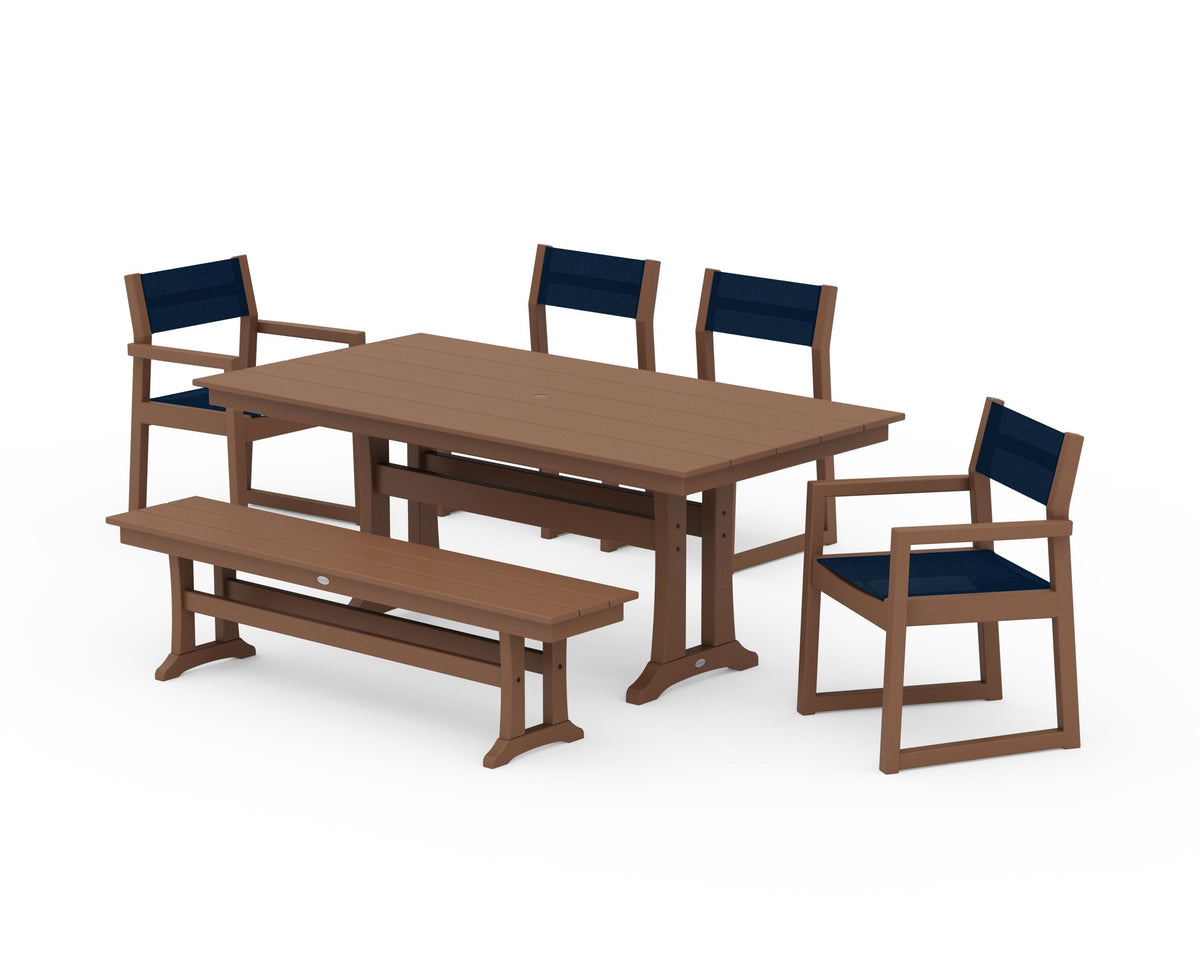 POLYWOOD EDGE Sling 6-Piece Farmhouse Dining Set With Trestle Legs in Teak / Navy Blue