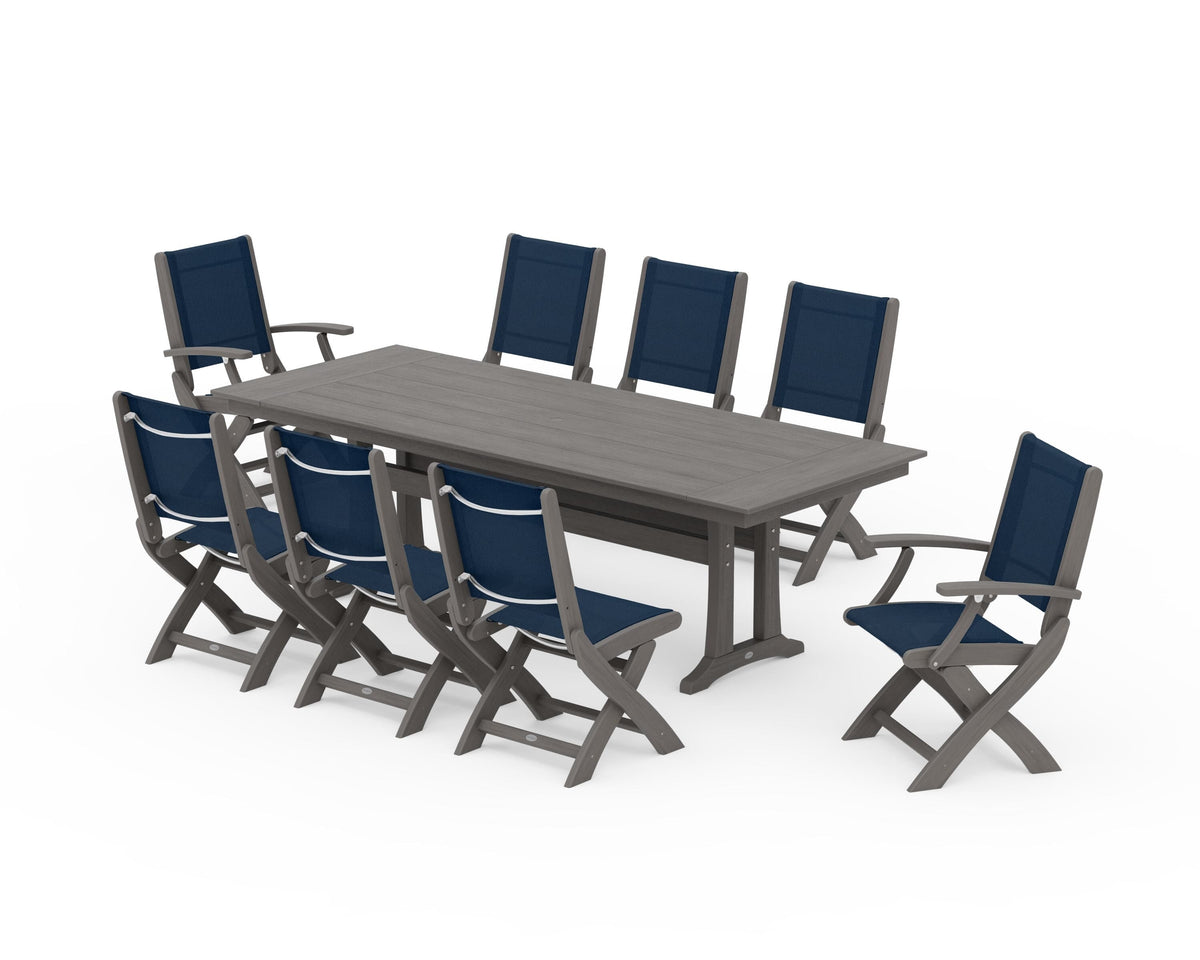 POLYWOOD Coastal 9-Piece Folding Dining Chair Farmhouse Dining Set with Trestle Legs in Driftwood / Navy Blue