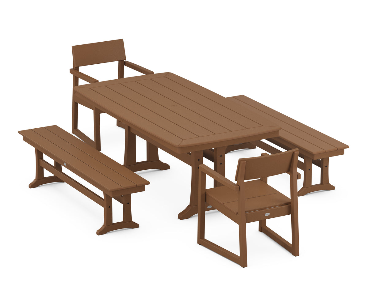 POLYWOOD EDGE 5-Piece Dining Set with Trestle Legs (Nautical Trestle 38" x 73" Table) in Teak