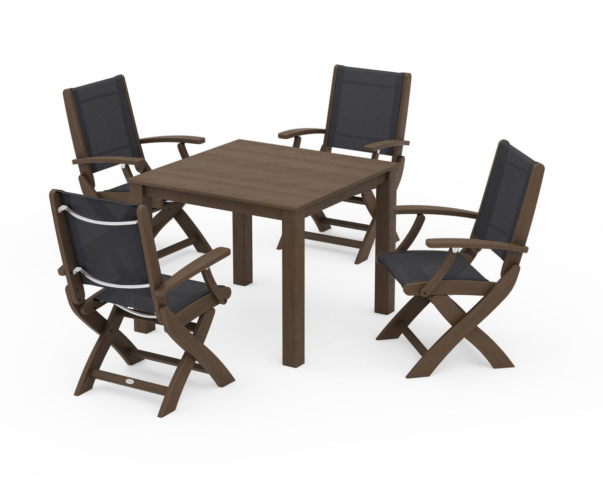 POLYWOOD Coastal Folding Chair 5-Piece Parsons Dining Set in Kona / Black