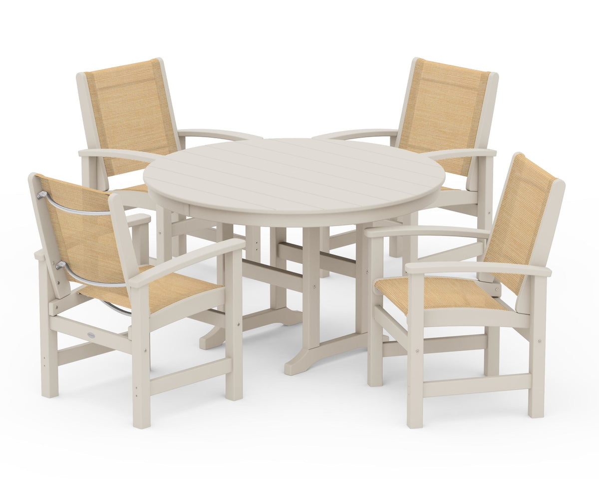 POLYWOOD Coastal 5-Piece Round Farmhouse Dining Set in Sand / Dupioni Apricot