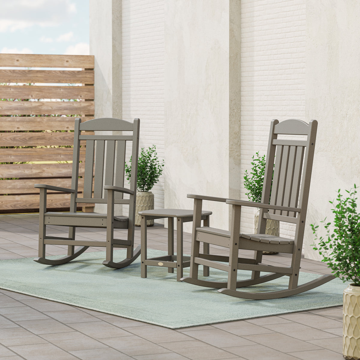 POLYWOOD Presidential 3-Piece Rocking Chair Set with 18" South Beach Side Table in Slate Grey styled outdoors