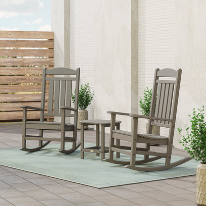 POLYWOOD Presidential 3-Piece Rocking Chair Set with 18" South Beach Side Table in Slate Grey styled outdoors