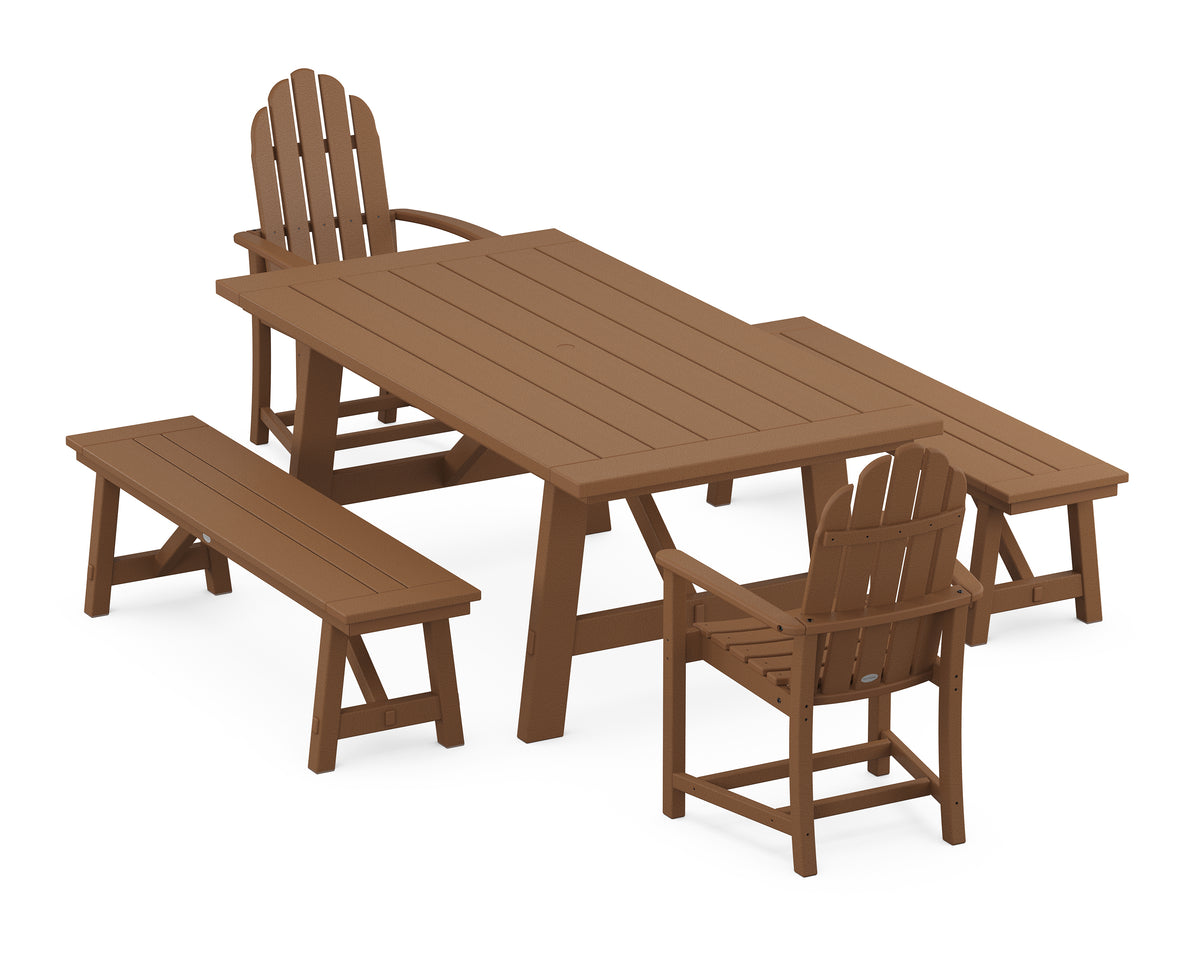 POLYWOOD Classic Adirondack 5-Piece Rustic Farmhouse Dining Set with Benches in Teak
