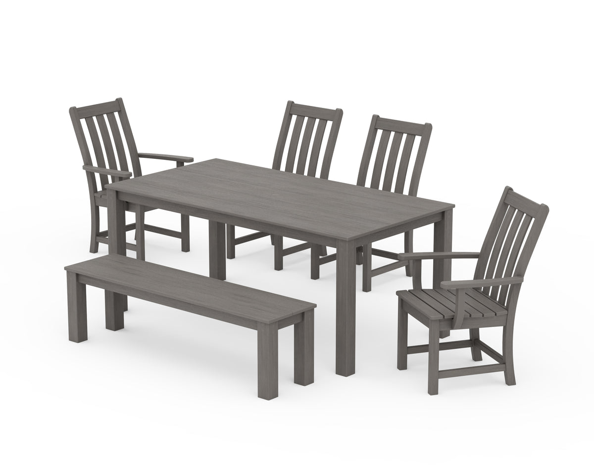 POLYWOOD Vineyard 6-Piece Parsons Dining Set with Bench with Vineyard Dining Side Chair in Driftwood