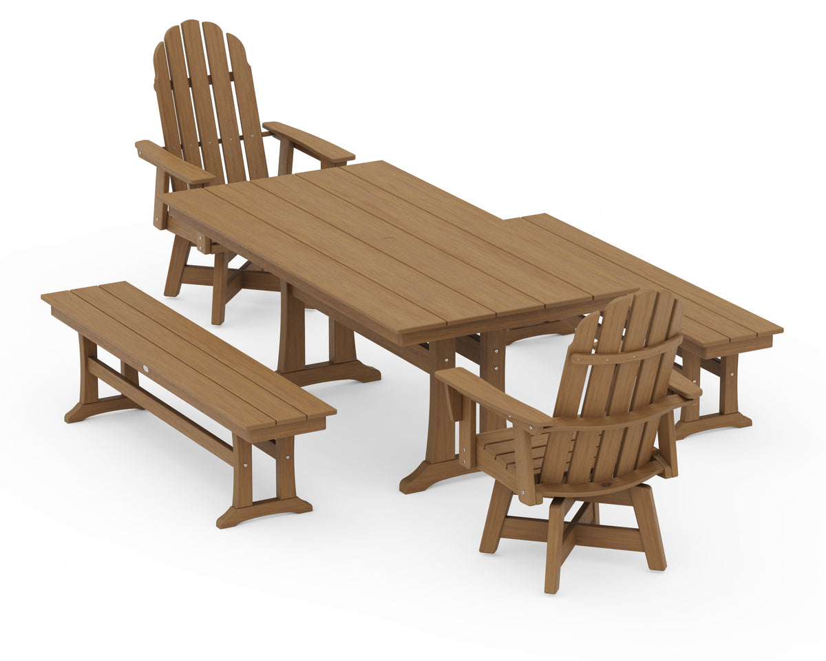 POLYWOOD Vineyard Curveback Adirondack Swivel Chair 5-Piece Farmhouse Dining Set with Trestle Legs and Benches in Natural