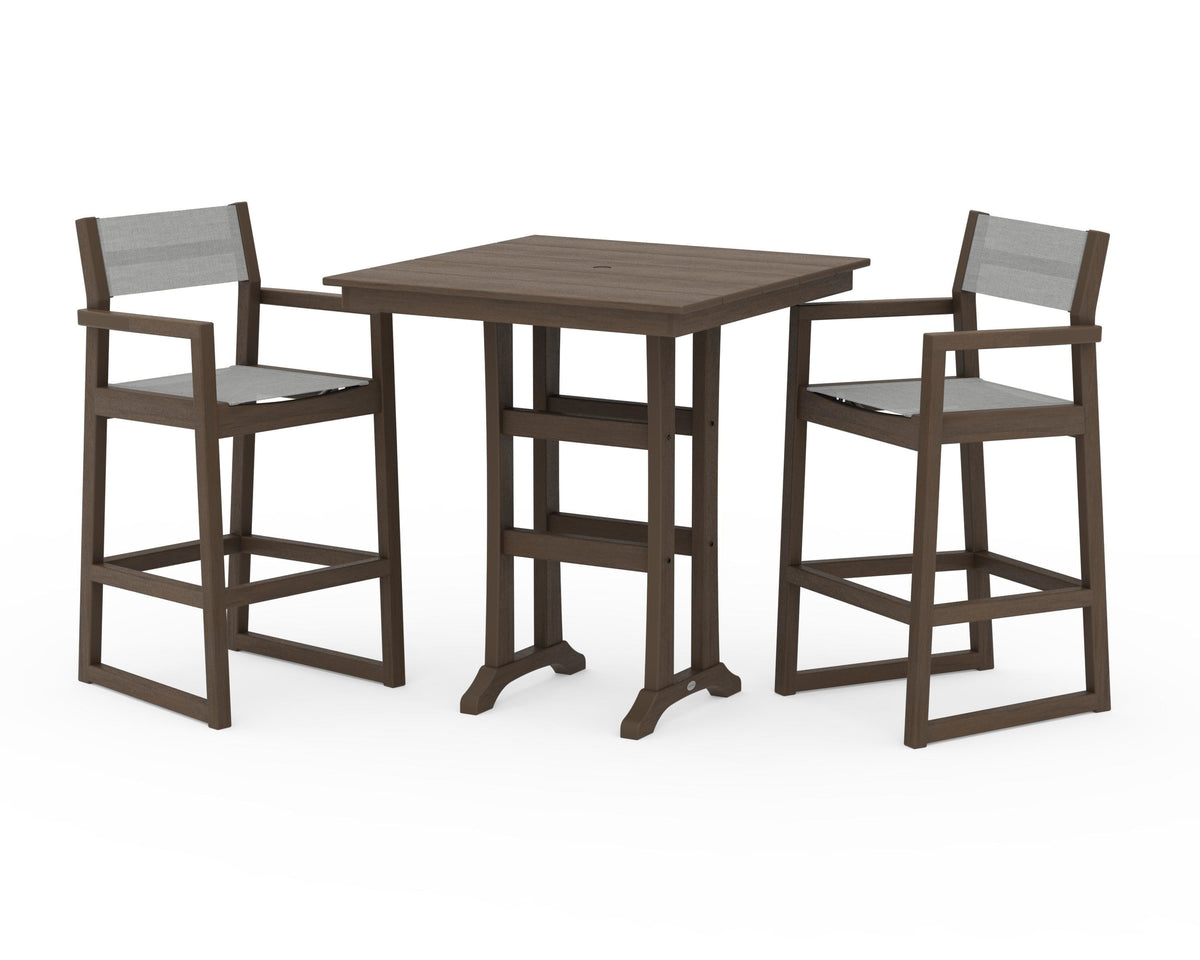 POLYWOOD EDGE Sling Arm Chair 3-Piece Farmhouse Bar Set with Trestle Legs in Kona / Metallic