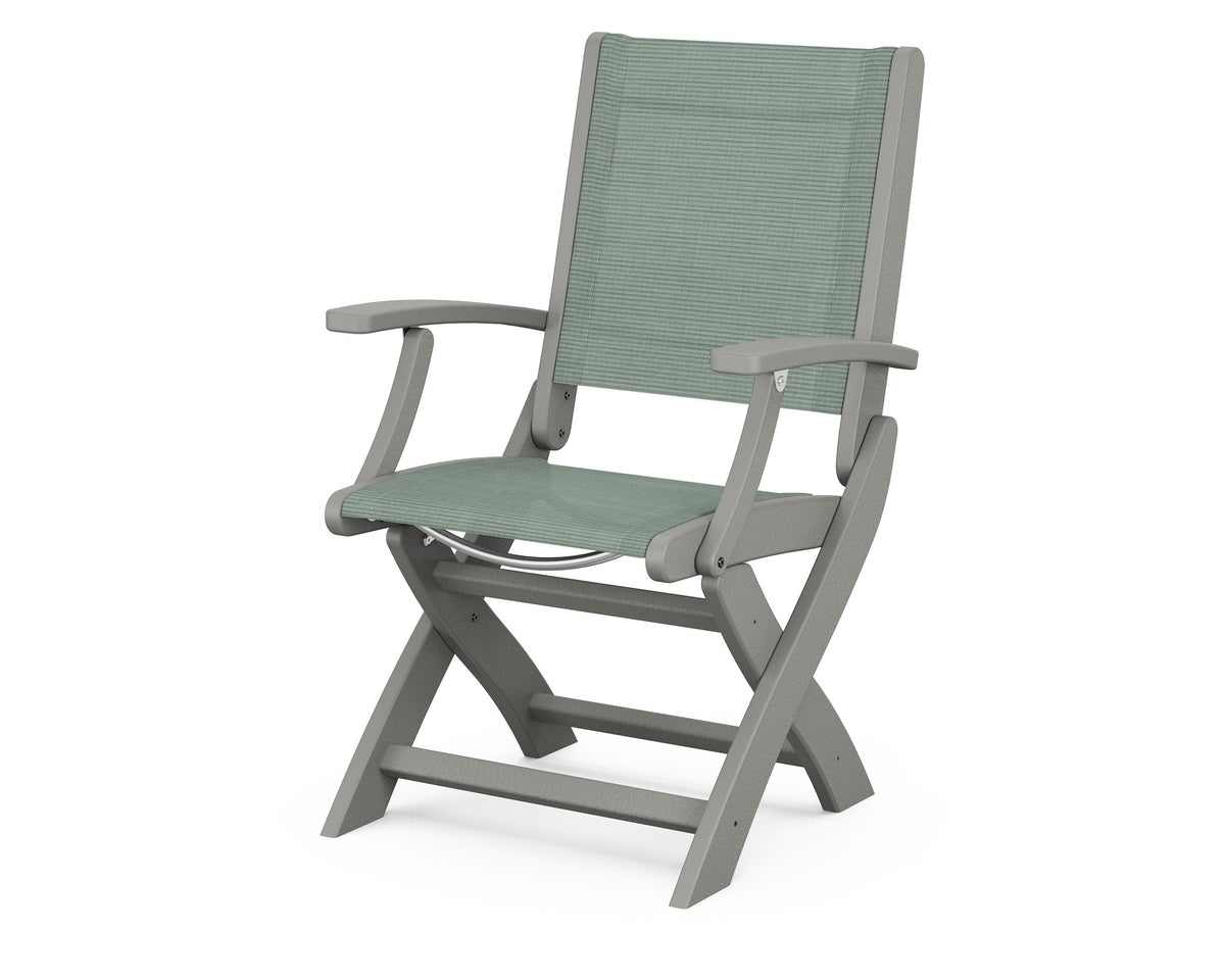 POLYWOOD Coastal Folding Chair in Slate Grey with Slate Grey arms and Dupioni Sea Mist sling