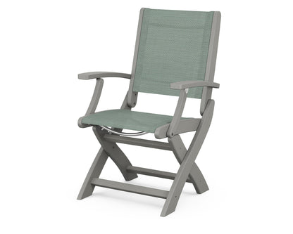 POLYWOOD Coastal Folding Chair in Slate Grey with Slate Grey arms and Dupioni Sea Mist sling