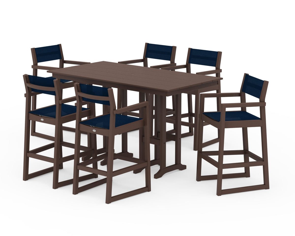 POLYWOOD EDGE Sling Arm Chair 7-Piece Farmhouse Bar Set in Mahogany / Navy Blue