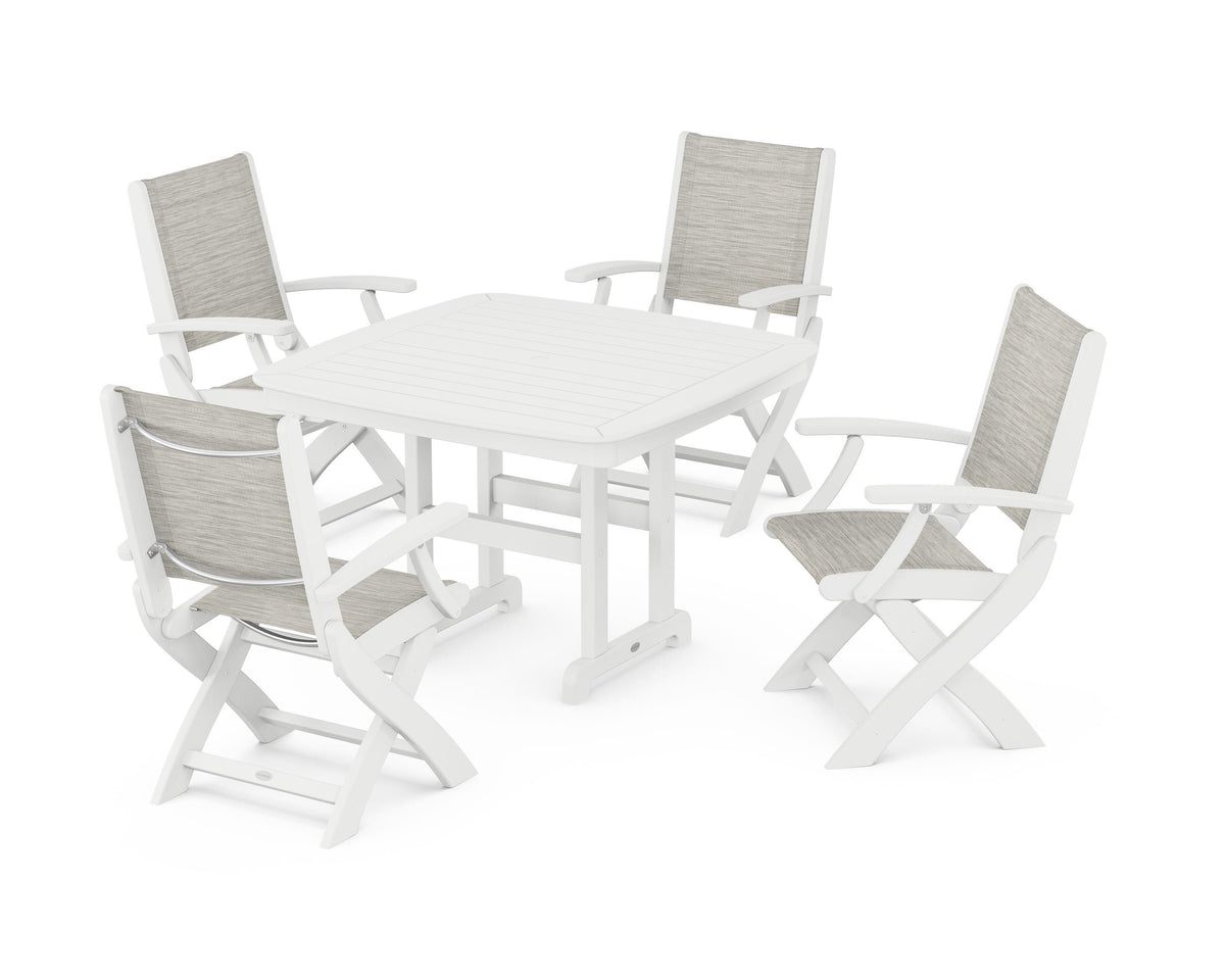 POLYWOOD Coastal Folding Chair 5-Piece Dining Set with Nautical 44" Dining Table in White / Birch