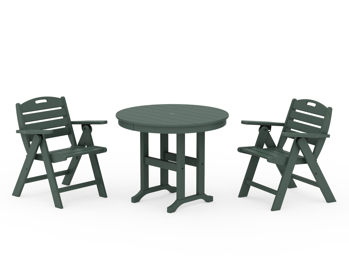 POLYWOOD Nautical Folding Lowback Chair 3-Piece Round Dining Set in Green