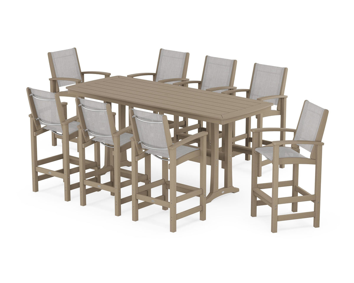 POLYWOOD Coastal 9-Piece Bar Set with Trestle Legs in Vintage Sahara / Parchment