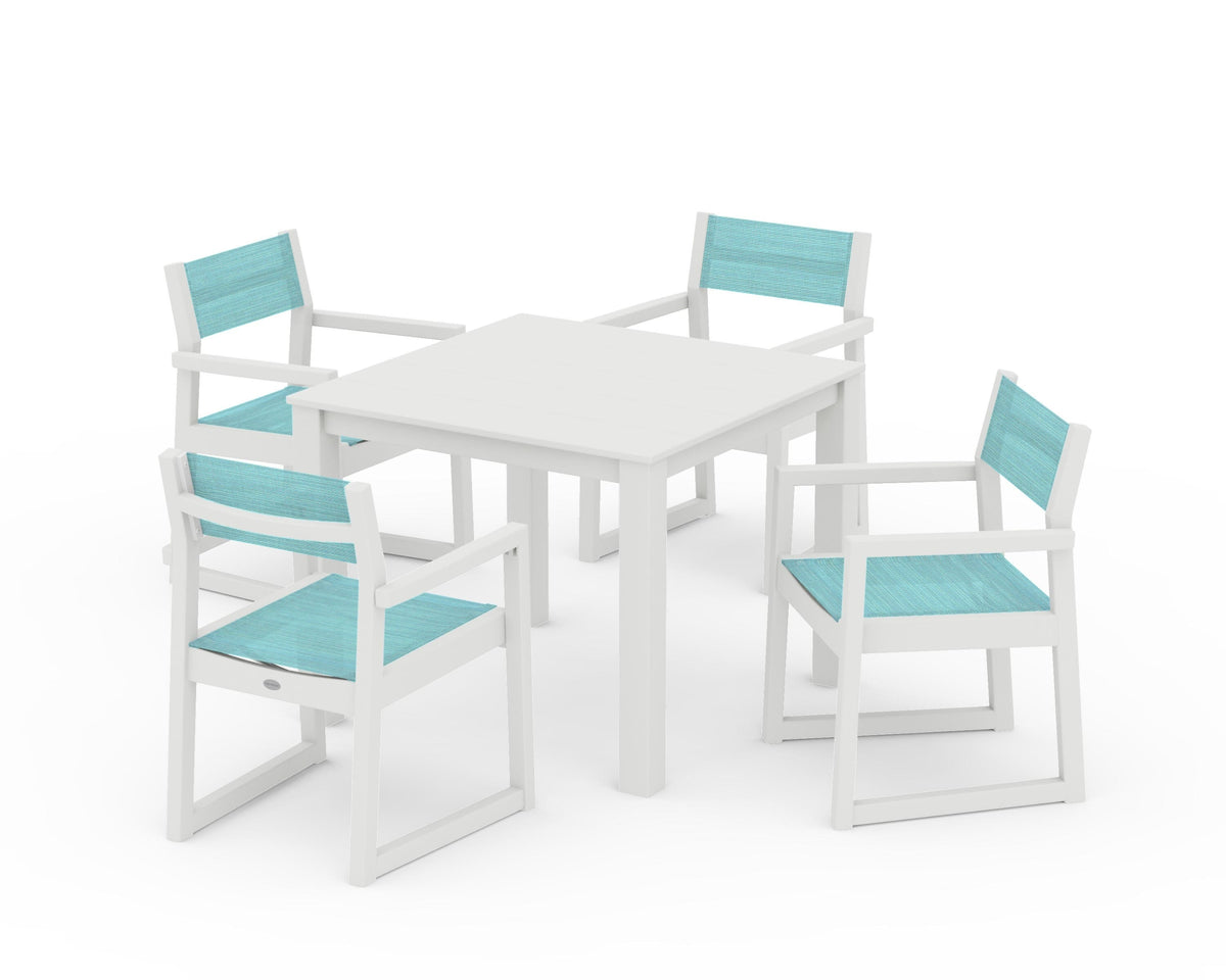 POLYWOOD EDGE Sling Arm Chair 5-Piece Parsons Dining Set in Vintage White / Dupioni Aquamarine