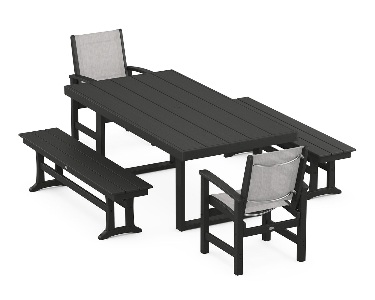 POLYWOOD Coastal 5-Piece Dining Set with Trestle Legs with EDGE 40" x 78" Dining Table in Black / Parchment
