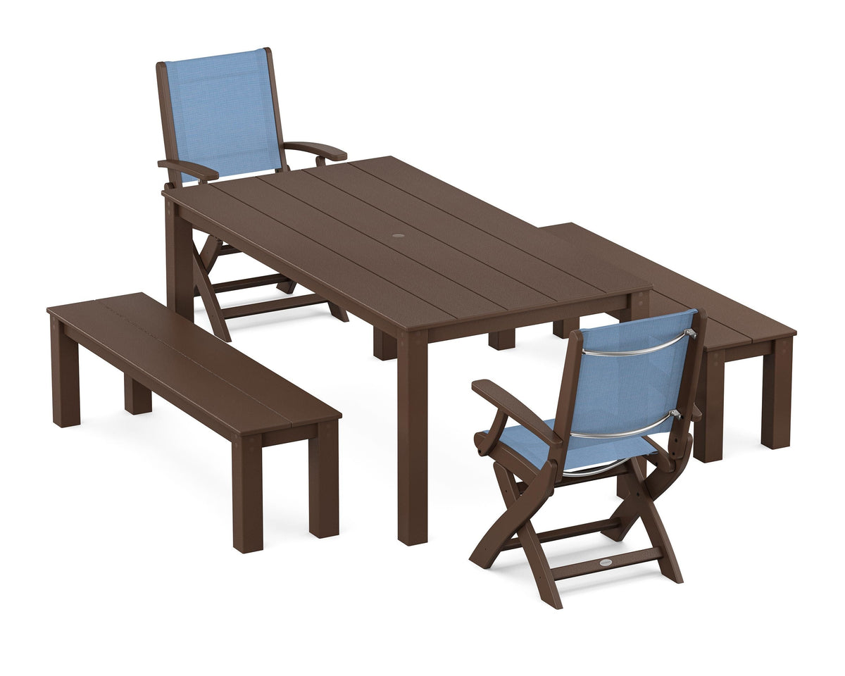 POLYWOOD Coastal Folding Chair 5-Piece Parsons Dining Set with Benches in Mahogany / Poolside