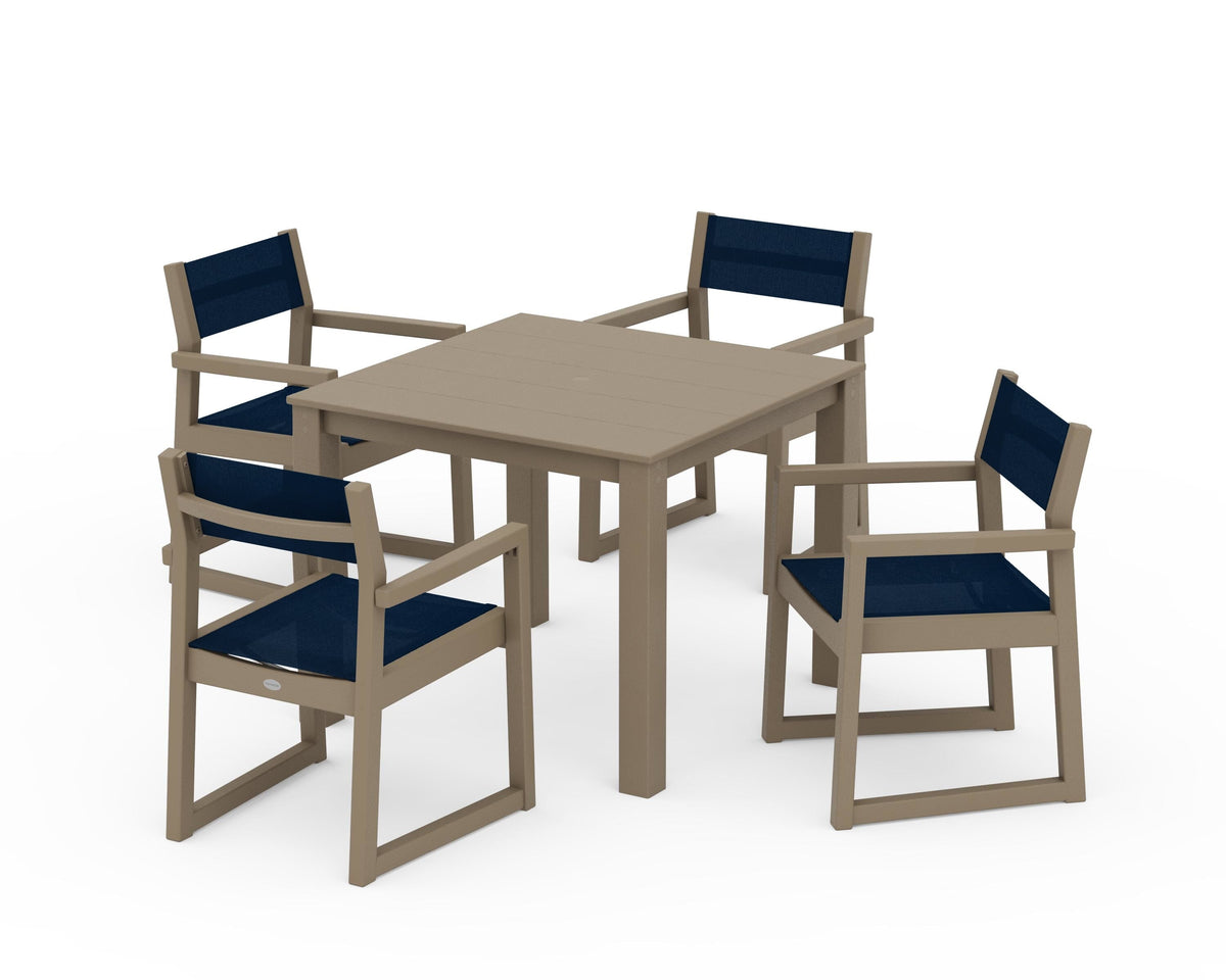 POLYWOOD EDGE Sling Arm Chair 5-Piece Parsons Dining Set in Vintage Sahara / Navy Blue