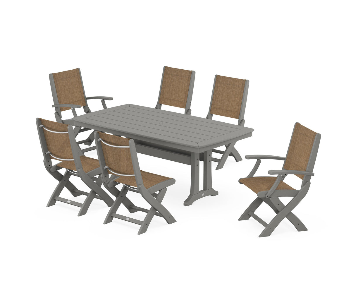 POLYWOOD Coastal Folding Chair 7-Piece Dining Set with Trestle Legs with Nautical Trestle 38" x 73" Dining Table in Slate Grey / Burlap