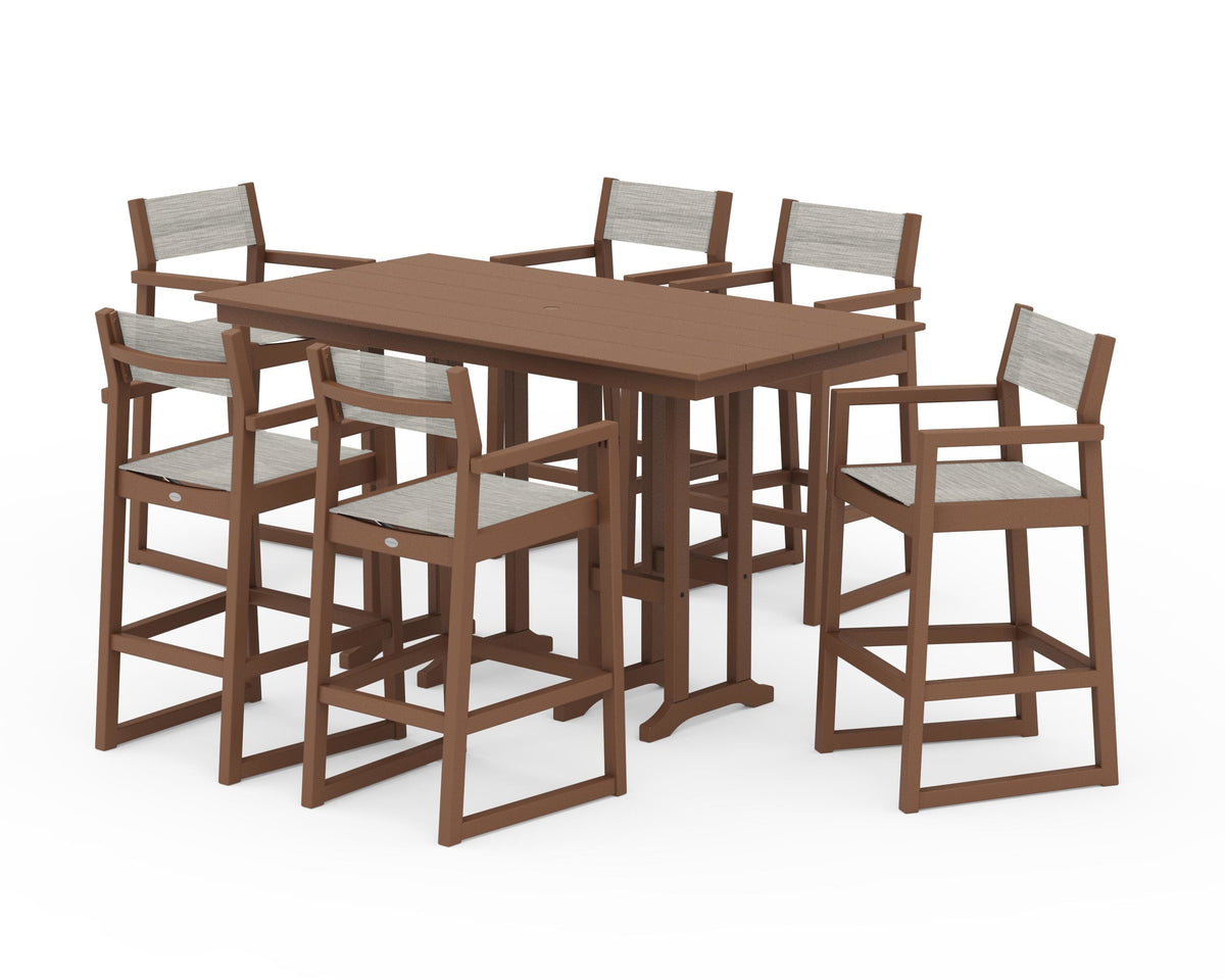 POLYWOOD EDGE Sling Arm Chair 7-Piece Farmhouse Bar Set in Teak / Birch