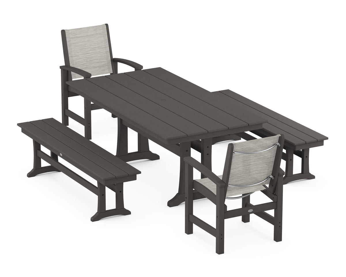 POLYWOOD Coastal 5-Piece Farmhouse Dining Set with Trestle Legs and Benches in Vintage Coffee / Birch